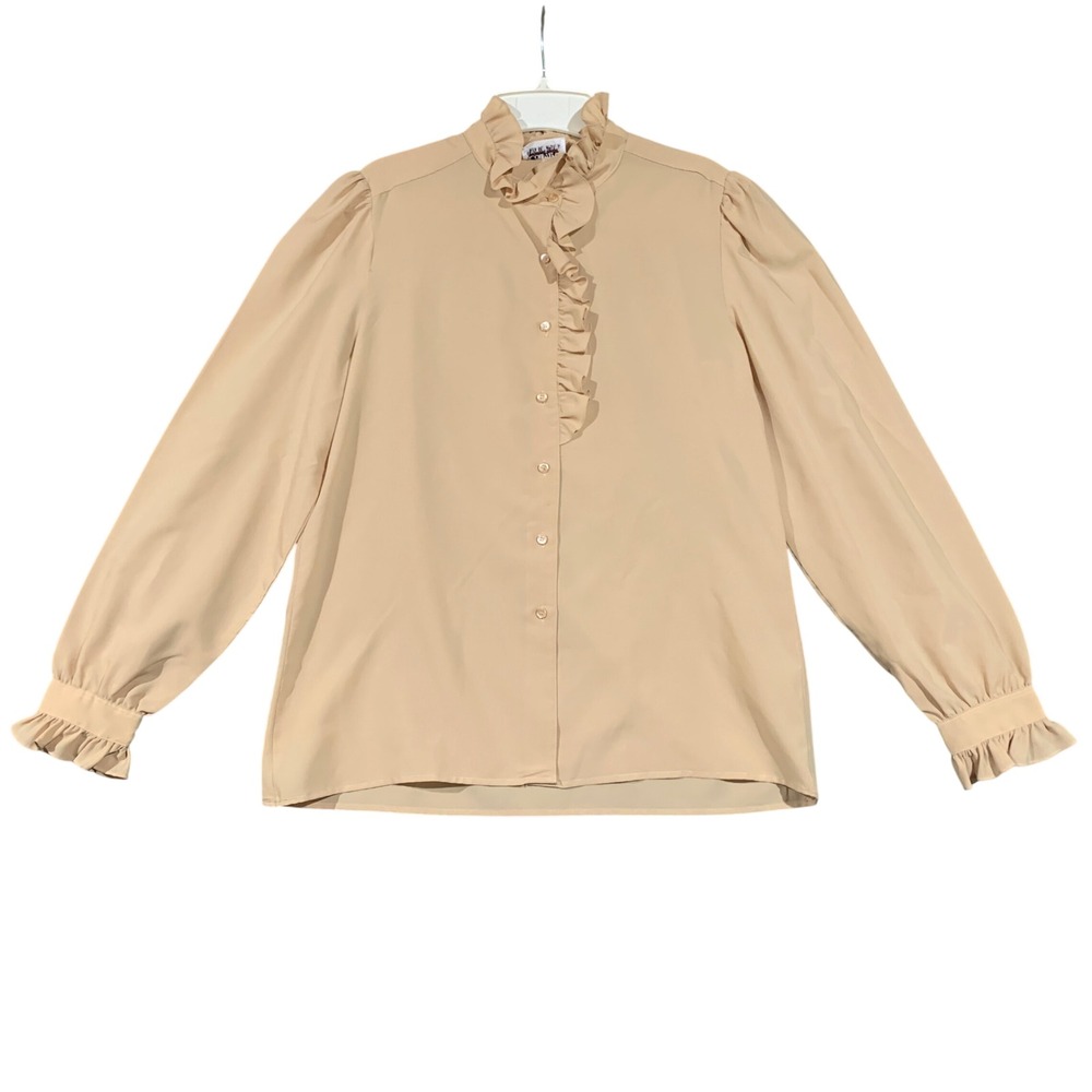Country Suburbans Blouse Women Size 16 Tan Ruffle High Neck VTG Victorian 80s